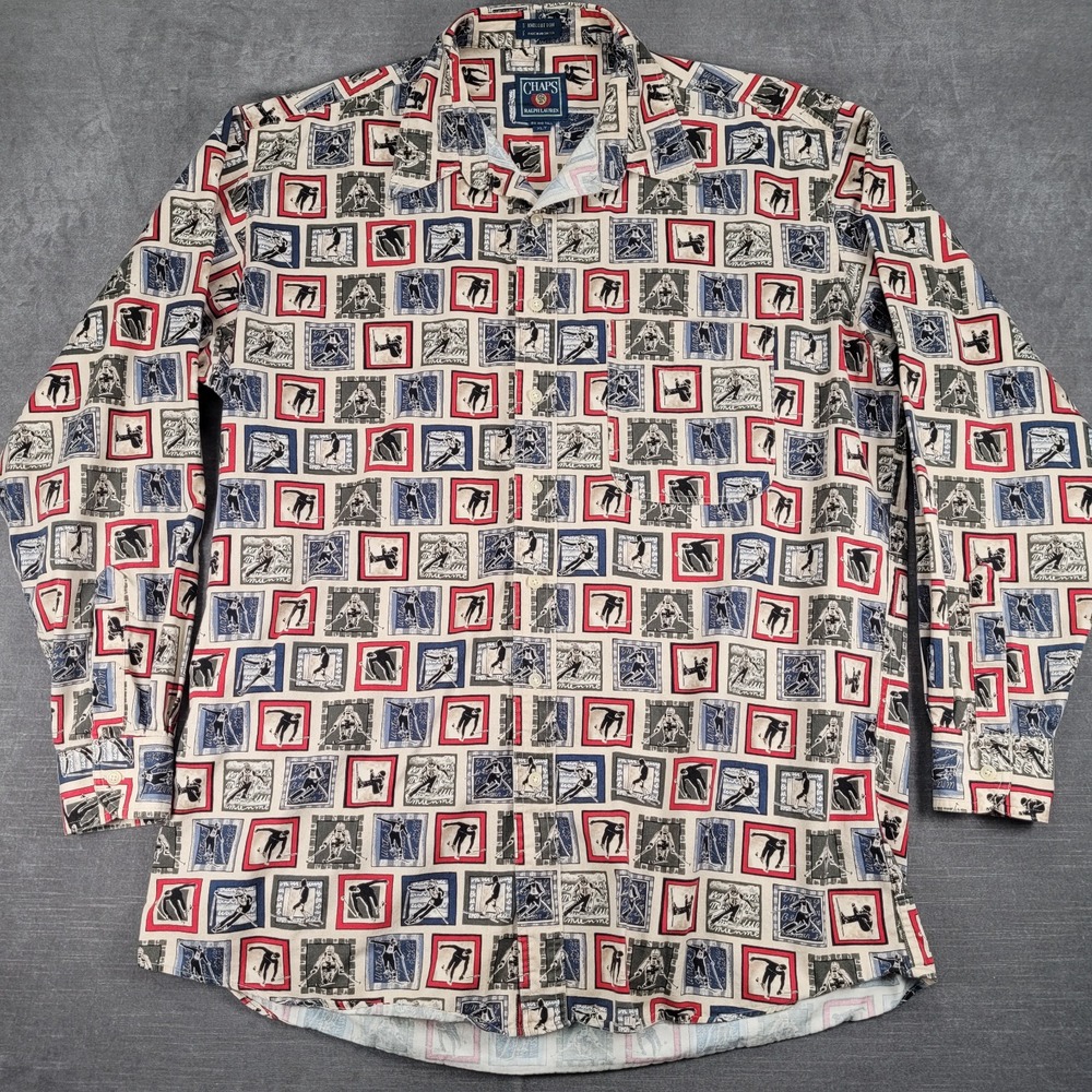 Chaps Ralph Lauren Vintage Button‎ Down Shirt Skiing All Over Print Big Tall XLT